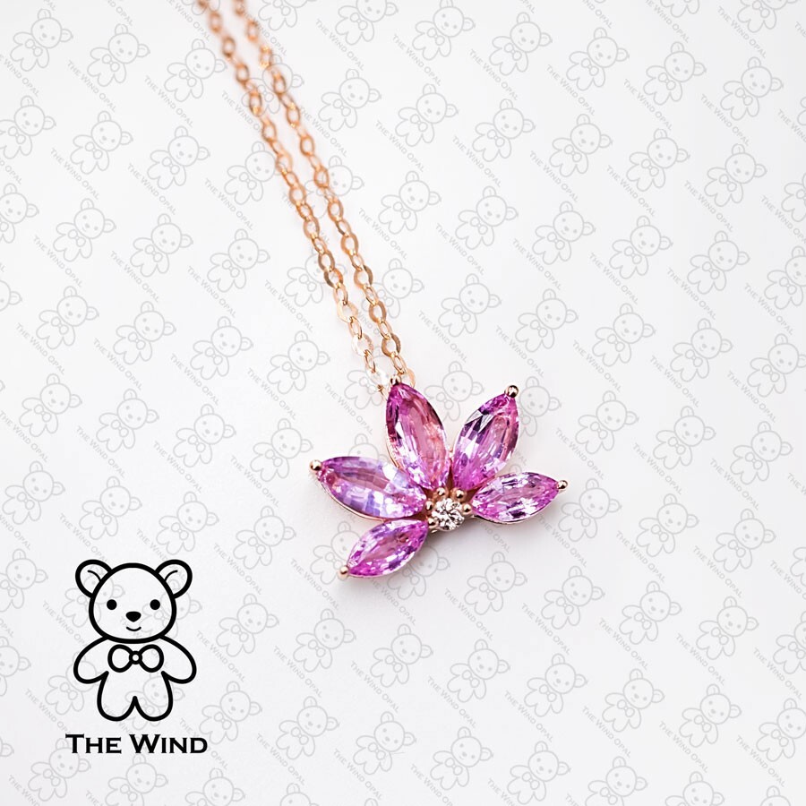 Lotus Water Lily Design Pink Sapphire Diamond Necklace 18K Rose Gold