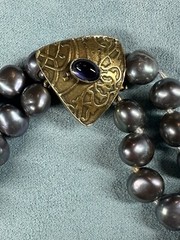 Gray Pearl Double Strand Necklace Sterling Gold Wash Ornate Clasp Amethyst 16”