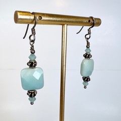 Vintage Sterling Silver Dangle Earring Square Faceted Larimar 1.25 Inc / 3.2 CM
