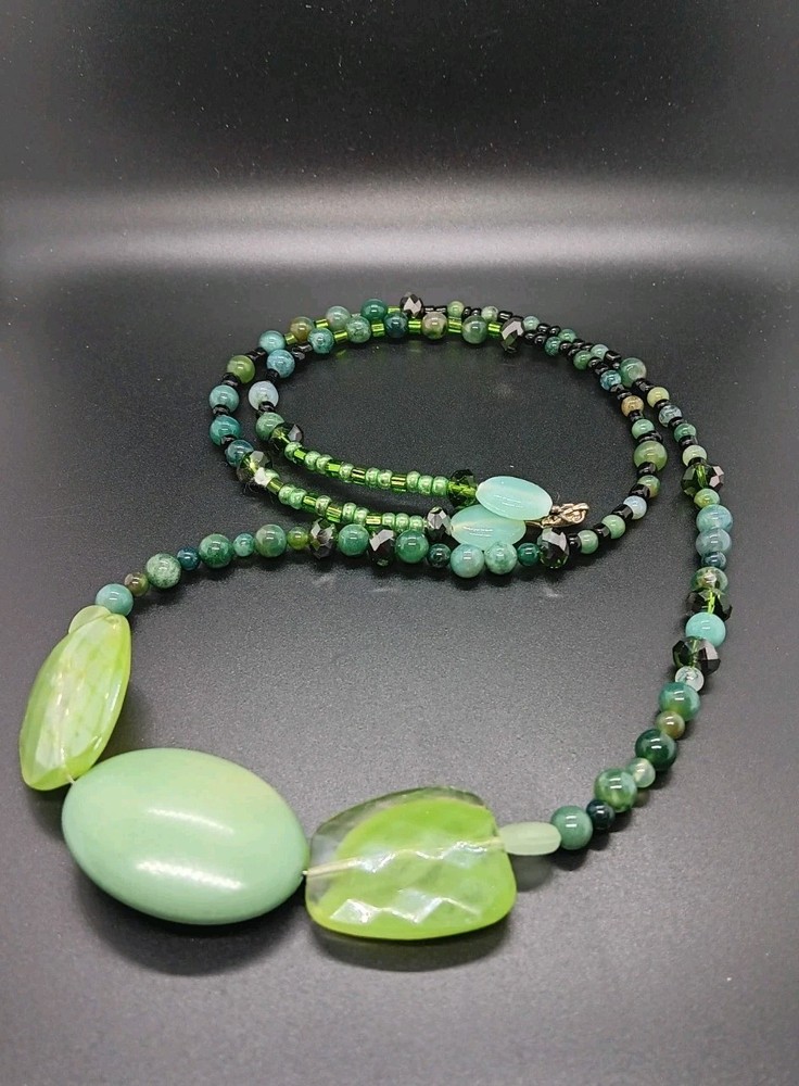 Bohemian Necklace Symmetrical Design Green Stone Glass Beads Handmade