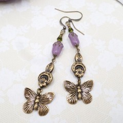 Brass Butterfly Earrings: Purple Glass Flower Cottagecore Handmade Jewelry