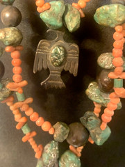 SILVER TOTEMS, BEADS, CORAL & TURQUOISE, NECKLACE ORIGINAL DESIGN JAN CARLIN