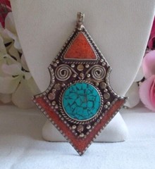 HANDMADE TIBETAN TURQUOISE AND CORAL 925 STERLING SILVER PENDANT-3.25″ X 2.2″
