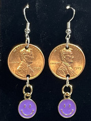 Handcrafted 1989 Lincoln Penny Coin Purple Smiley Charm Hook Earrings