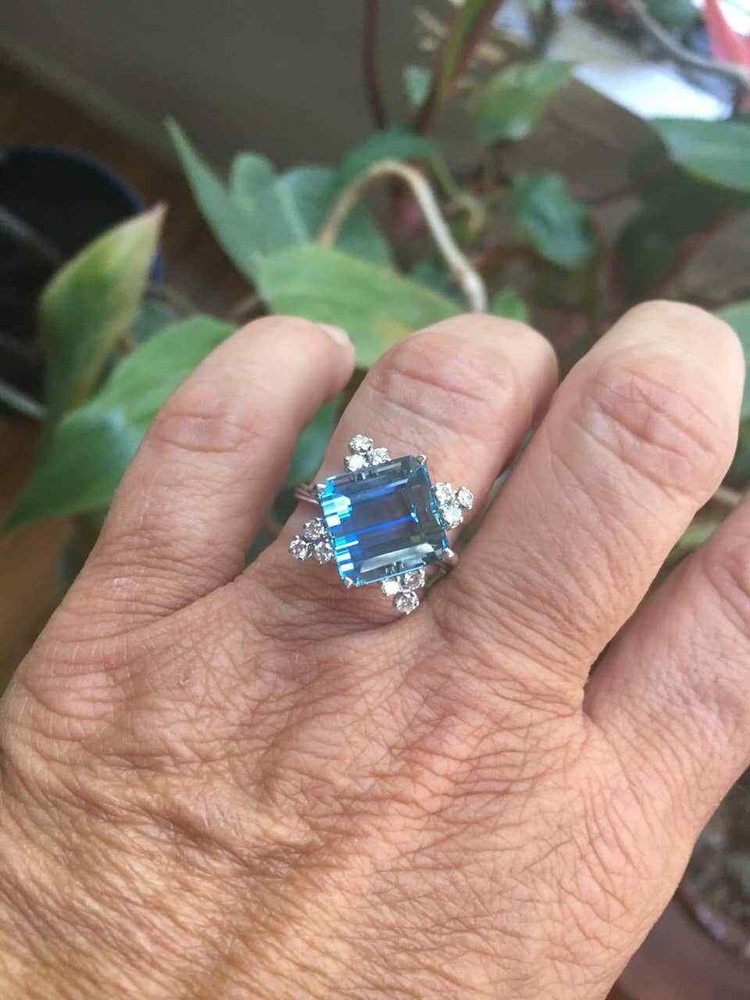 Square Shape Clear 7.30CT Aquamarine With Rose Cut Cubic Zirconia Handmade Ring