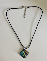 Handmade Fused Dichroic Glass Pendant Necklce Colorful Abstract Geometric Square