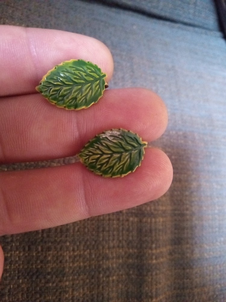 Hand Painted Enamel Green Yellow Detailed Leaf Leaves Screwback Backing Earrings