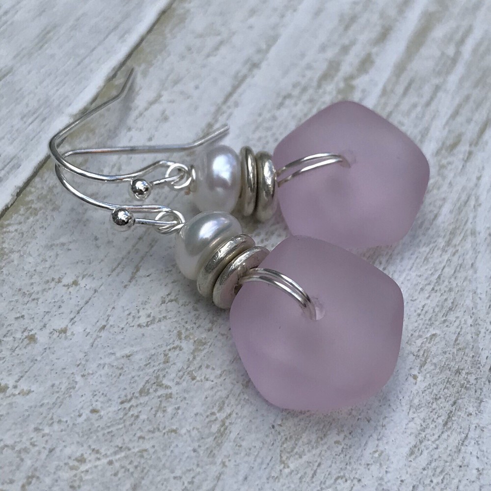 Min Favorit Blossom Pink Sea Glass, Freshwater Pearl & Silver Pl Drop Earrings