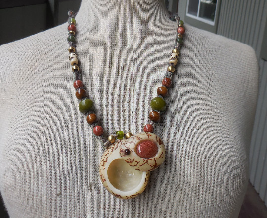 Goldstone Tagua Pill Box Locket Stash Hemp Necklace Serpentine Jade Stone Beads