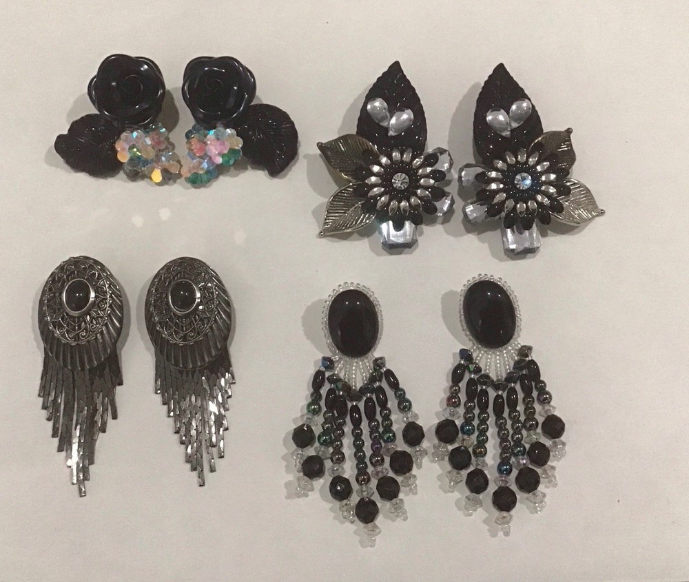 4 Pair 1980 90’s Earrings Large Black Floral Huggies Beaded & Chain Dangles Lotf