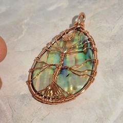 Artisan Mother of Pearl Copper Wire Wrapped Tree of Life Pendant Iridescent