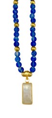 ARTISAN Gold Tone Radiant Cut MOONSTONE Pendant 25” Blue Glass Beaded Necklace
