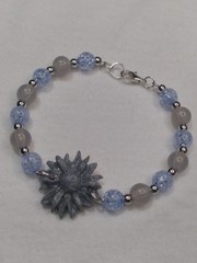 Handcrafted Silver Memory Wire Blue Gray Beaded Bracelet Polymer Clay Pendant