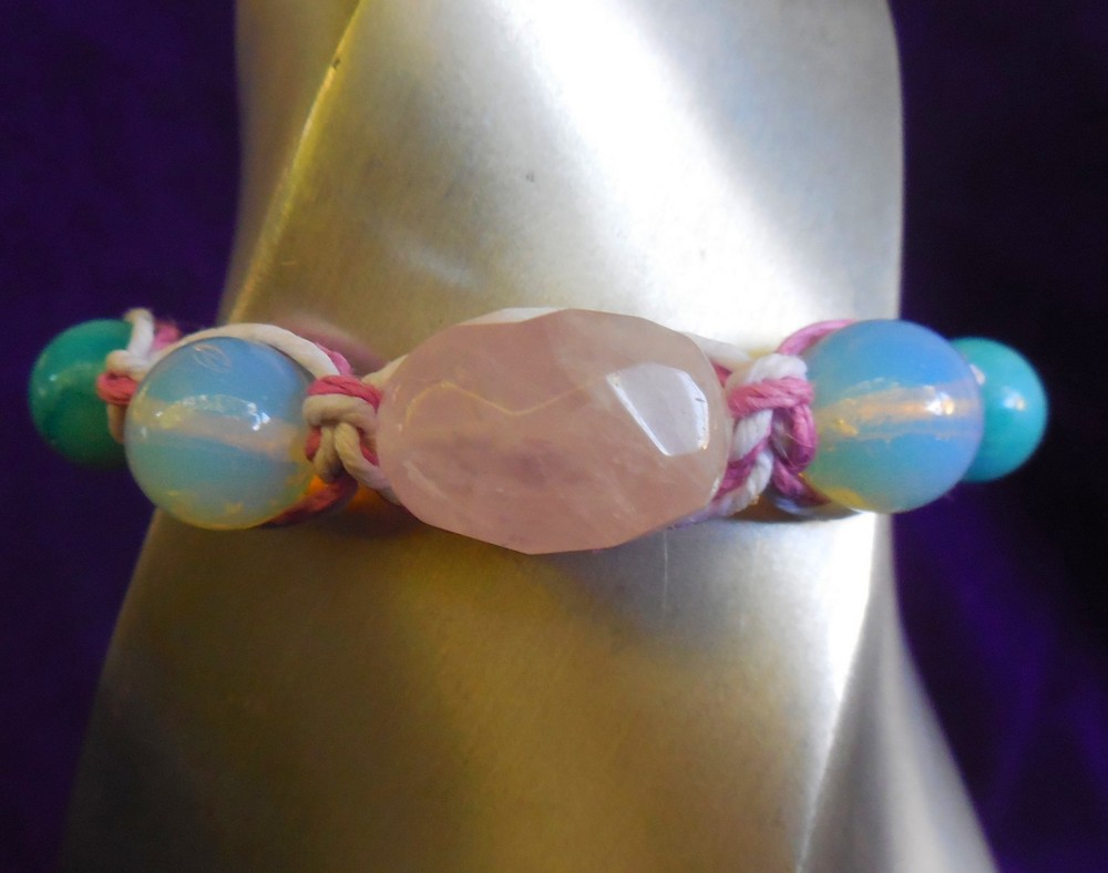 Rose Quartz Adjustable Hemp Bracelet Anklet w/ Opalite Quartzite Gemstone Beads