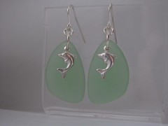 Sea Glass Earrings Sterling Silver Dolphin Bottle Green Birthday Resort Jewelry