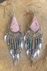 Peruvian Pink Opal Semi-Precious Stone Bugle Bead Earrings Handmade Dangle Boho