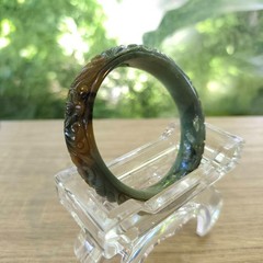 Natural Burmese Jade Bangle Carved Flowers Yellow Green Black Inner 57 mm