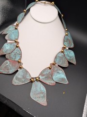 Handmade Patina Copper Leaf Necklace With Brass Accents & Hook Clasp