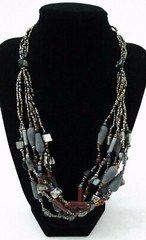 Handmade Necklace GLASS BEADS BLUE PEACOCK PEWTER BRONZE TIGER EYE MOP 20 in Adj