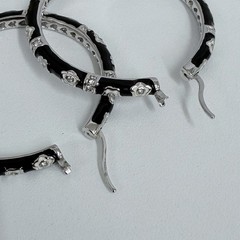 Lauren G Adams Large Enamel Hoop Earrings Black CZ’s Silver Tone Metal Pierced