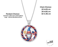 Patriotic USA Flag Gnome Art Silver Jewelry Necklace Set