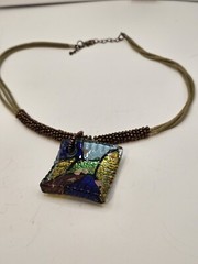 Art Glass Necklace Pendant Handmade Bead Cord 18″ MultiColor Green Artisan