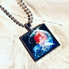 Man in the Moon Nebula Handcrafted Square Glass Cabochon Pendant Necklace