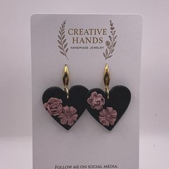Handmade Black Heart Dangle Earrings with 3D Pink & Mauve Polymer Clay Flowers
