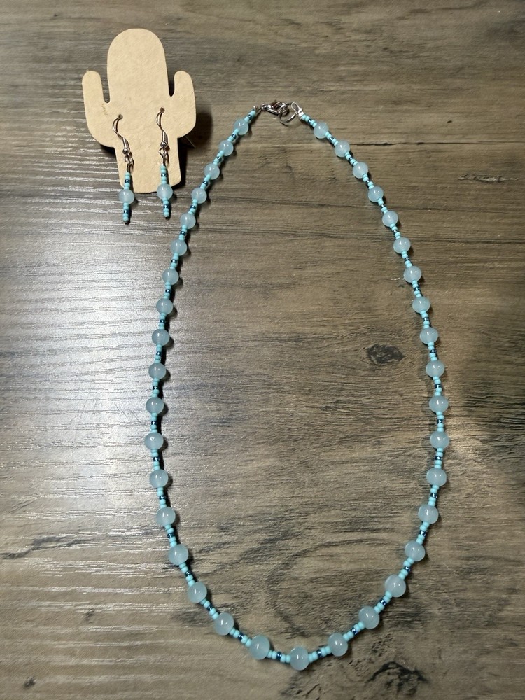 19” Handmade Beaded Statement Necklace Earrings Pale Blue Round & Seed Beads New