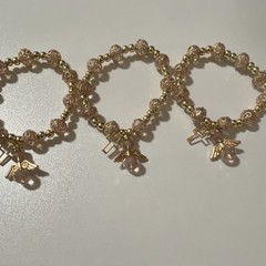 Gold and Pink Beaded Charm Bracelet with Glass Angel and Cross Dangle Charms