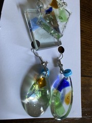 3 Pairs Resin Multicolor Beach Glass Silver Plated Dangle Lobe Earrings w Beads