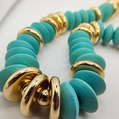 Boho Wood Disc Bead Statement Necklace Set of 2 Orange Turquoise Color Gold Tone