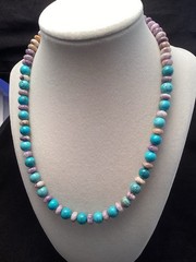 Sterling Silver Flower Sugilite & Round Turquoise Beaded Necklace 19”
