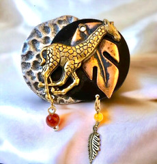 Giraffe Pendant OR Brooch Metal Pin Dangling Bead & Feather