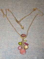Handmade Wire-Wrapped Natural Faceted Gemstone Necklace on Gold Tone Necklace.