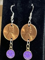 Handcrafted 1989 Lincoln Penny Coin Purple Smiley Charm Hook Earrings