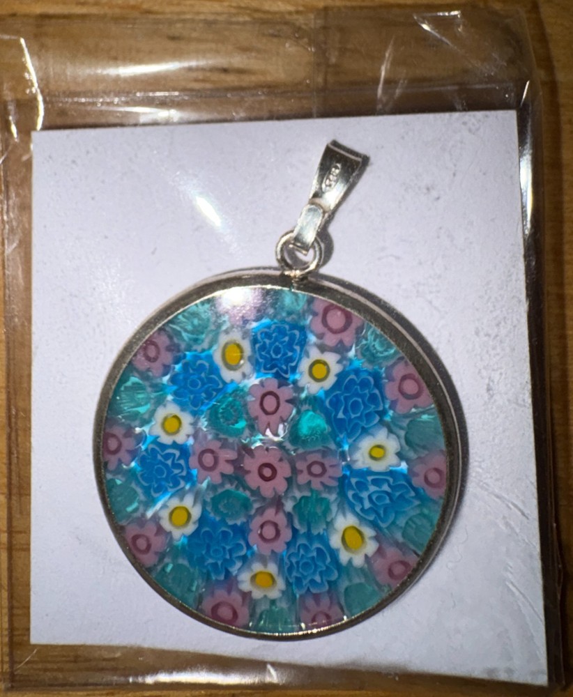 Venetian Murano Millefiori 1 1/16″ (27mm) Pendant in .925 Sterling Silver Frame
