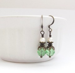Green Earrings Antiqued Brass Dainty using Swarovski Crystal Affordable Holiday