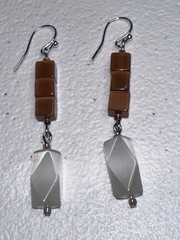 White Gold Plated, Caramel & White Fiber Optic Dangle Earrings