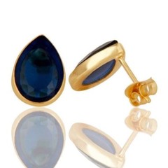 Blue Corundum Bezel Set Gemstone Stud Earrings In Gold Plated 925 Silver
