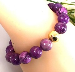 Purple sugilite beaded bracelet with gold ball pendant healing stretch gemstone