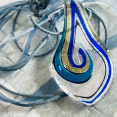 Large clear,blue and gold art glass pendant, cord necklace