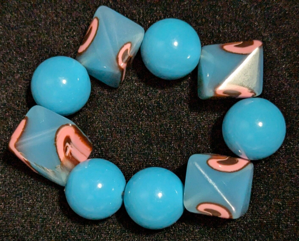Vintage Light Blue Pink Elastic Stretch Cord Art Bracelet Large Bead Bangle