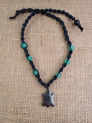 New Black Hemp Necklace W/ Hematite Turtle Charm & Teal Beads 17 in Macrame