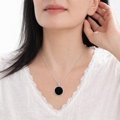 Sterling Silver 925 Round Flat Black Onyx 20mm Handmade Pendant – NO CHAIN