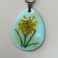 Hand Crafted Necklace Teardrop Shell Pendant with a Flower Bronze Tone Chain 18″