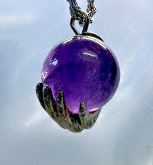 Sterling Silver hand holding Amethyst Cryatal ball Solitaire pendant by JKL 232