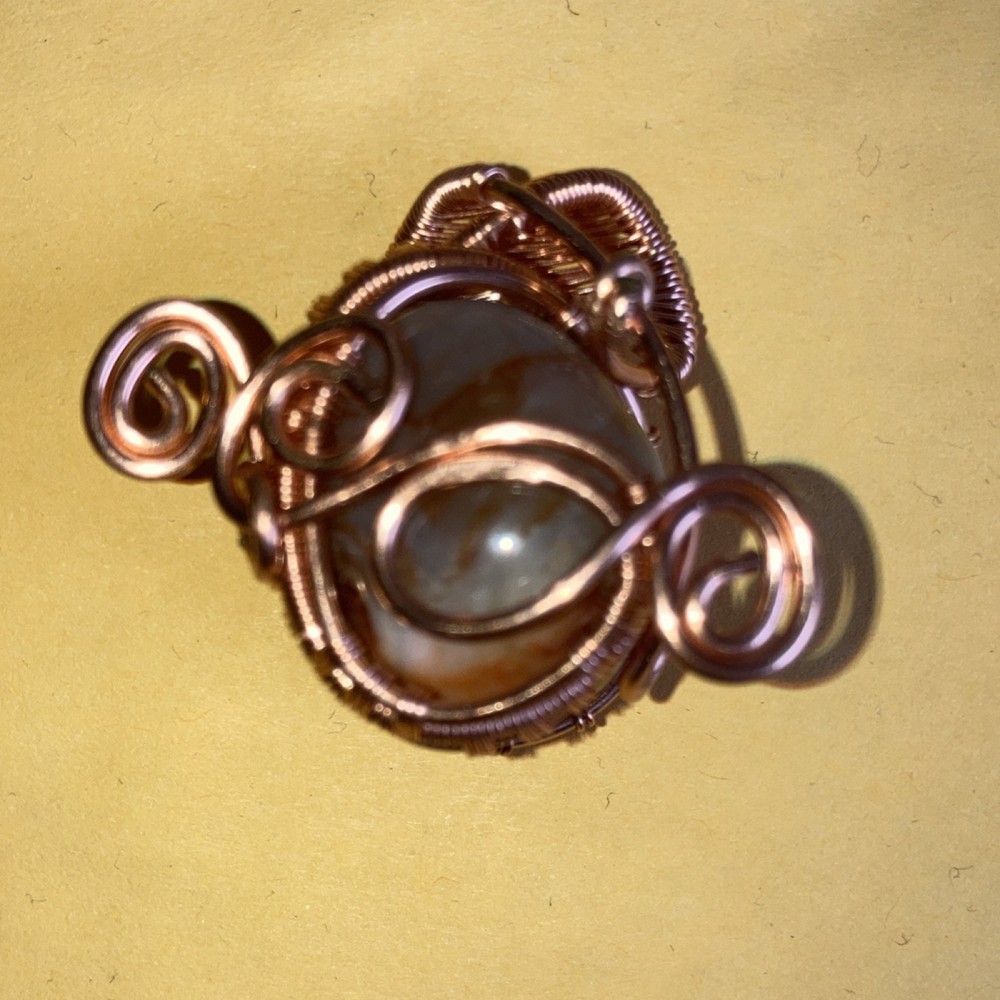 Handcrafted Wire Wrapped Copper Ring with Brown Blue Oval Agate Stone