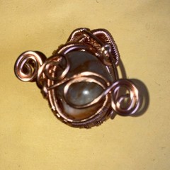 Handcrafted Wire Wrapped Copper Ring with Brown Blue Oval Agate Stone