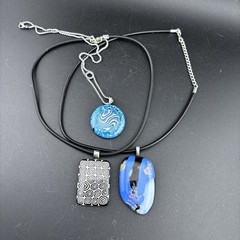 Art Glass Necklace Pendent Set Of 3 Murano Black White Blue Green Signed